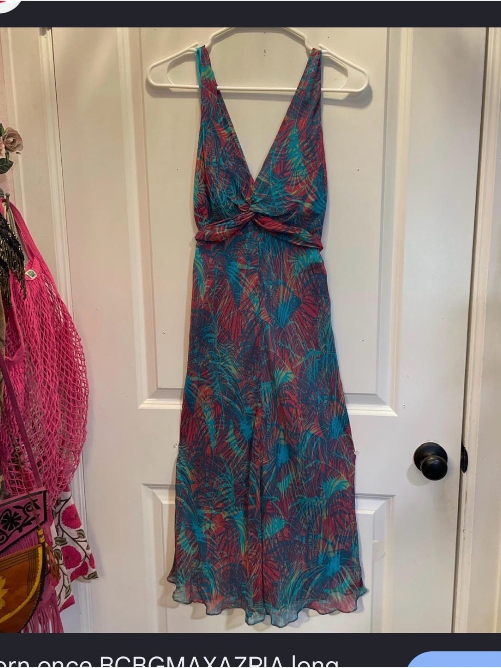 BCBGMaxAzria silk Teal and Magenta Tropical Print Midi Dress